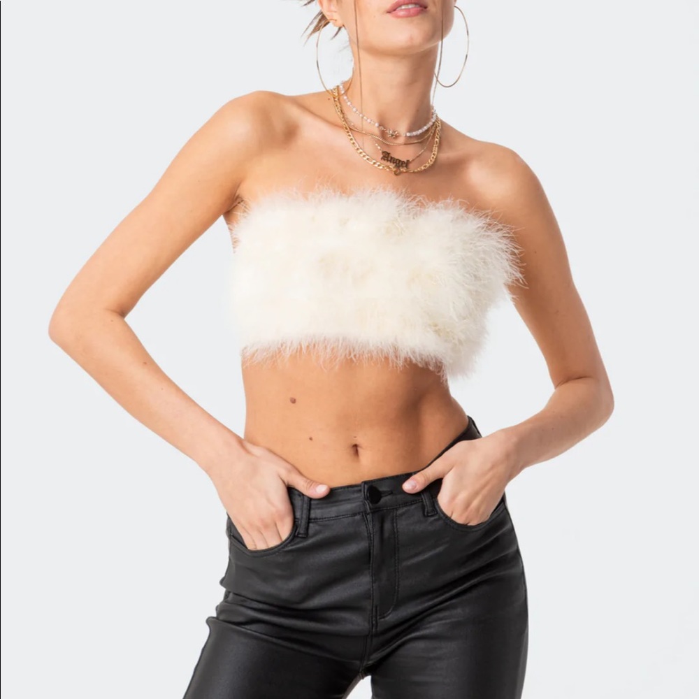 Faux Fur Fluffy Crop Top - Cream XS